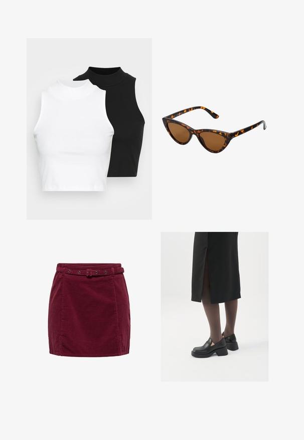 Két ujjatlan, bordázott garbós top fekete és fehér színben, testhezálló kialakítással és sima textúrával, rövidített hosszal.; Burgundi bársony mini szoknya illeszkedő övvel, téglalap alakú csattal és fémbetétekkel, elöl kis nyílásokkal az alsó szegélyen.; Fekete bőr cipők lekerekített orral, vastag blokk sarkakkal és elasztikus oldalsó díszítésekkel, sötét harisnyával és hasítékkal ellátott fekete szoknyával párosítva.; Cica szemüveg fekete és narancssárga teknőc pánttal, barna lencsékkel és sima, hegyes végekkel. A templomán egy minimalista logó található.