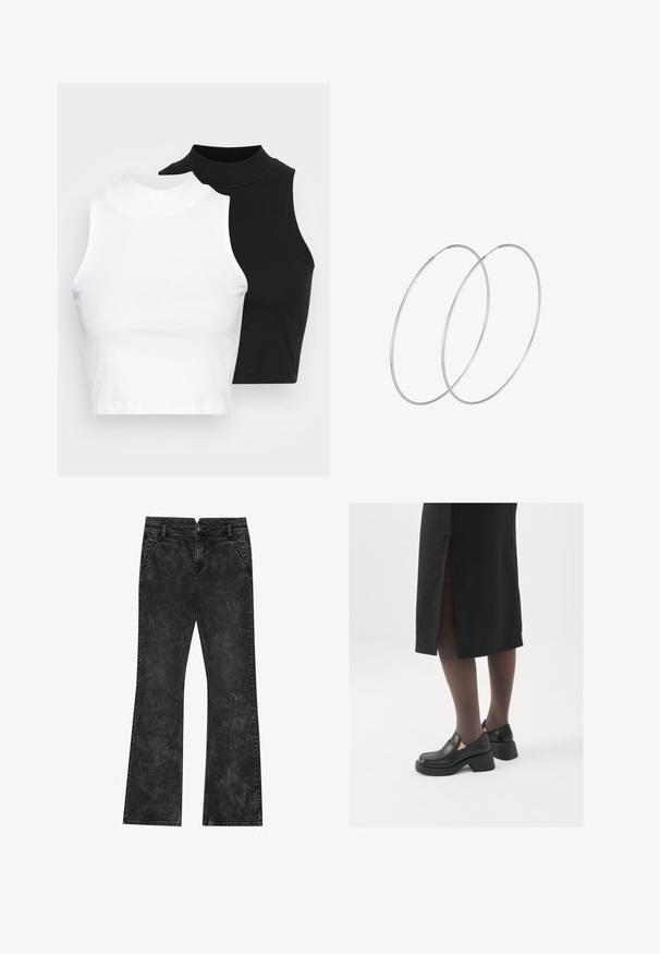 Dvije bezrukavne rebraste majice s visokim ovratnikom u crnoj i bijeloj boji, s prilagođenim dizajnom i glatkom teksturom, te skraćenom dužinom.; Crne flare traperice s ispucanom teksturom, s kopčanjem na gumb, petljama za remen i četiri džepa.; Crne kožne cipele s zaobljenim vrhom, debelim blok petama i elastičnim bočnim detaljima, uparene s tamnim čarapama i crnom suknjom s prorezom.; Srebrne okrugle naušnice s minimalističkim dizajnom. Kružni oblik, glatka tekstura i tanak profil. Lagane s poliranim završetkom.