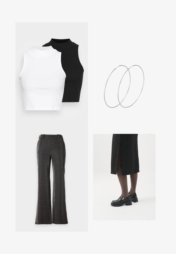 Dvě bezrukávové halenky s ribovým stojáčkem v černé a bílé barvě, které mají přiléhavý střih a hladkou texturu, s krácenou délkou.; Černé rozšířené kalhoty vyrobené z texturované, lesklé látky. Mají pás, přední kapsy a rovný střih až k lemu.; Černé kožené boty s kulatou špičkou, silným blokovým podpatkem a elastickými bočními akcenty, spárované s tmavými punčochami a černou sukní se rozparkem.; Stříbrné kruhové náušnice s minimalistickým designem. Kruh, hladký povrch a tenký profil. Lehká konstrukce s lesklým povrchem.