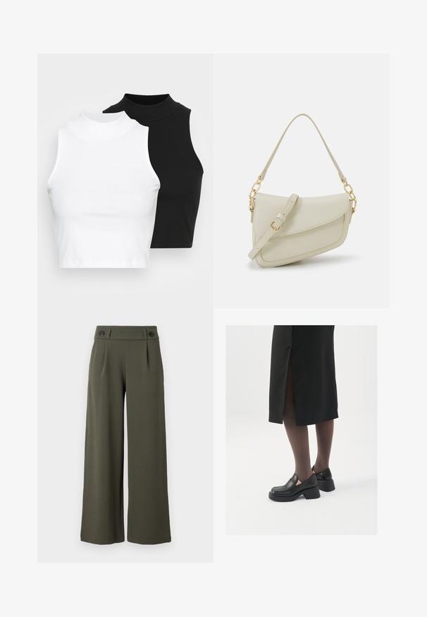 Twee mouwloze ribgebreide coltruien in zwart en wit, met een slim fit ontwerp en een gladde textuur, met een cropped lengte.; Brede olijfgroene broek van soepel materiaal; heeft twee zwarte knopen op de tailleband en voorplooien voor extra detail.; Zwarte leren schoenen met een ronde neus, dikke blokhak en elastische zijkanten, gecombineerd met donkere panty's en een zwarte rok met een split.; Kleine crèmekleurige handtas met een textuurafwerking, een lange verstelbare schouderband, een kettingaccent en een klepsluiting. Gouden hardware-details.