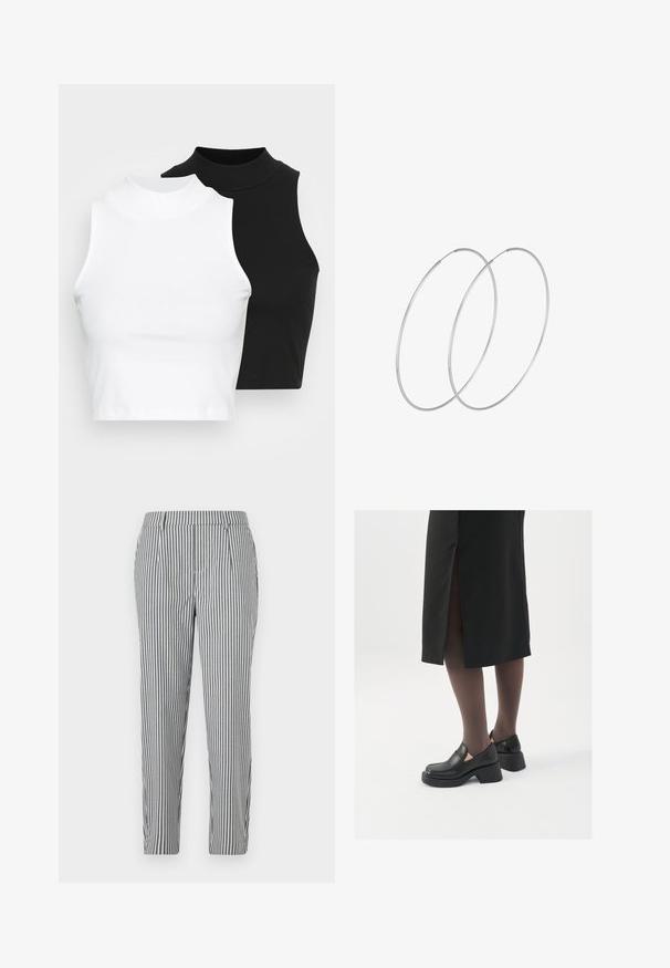 Two sleeveless ribbed turtleneck tops in black and white, featuring a fitted design and smooth texture, with cropped length.; Striped trousers in grey and white, featuring a tailored shape, pleats, and a smooth fabric finish. No visible pockets or embellishments.; Black leather shoes with a rounded toe, thick block heel, and elastic side accents, paired with dark tights and a black skirt with a slit.; Silver hoop earrings with a minimalist design. Circular shape, smooth texture, and thin profile. Lightweight with a polished finish.