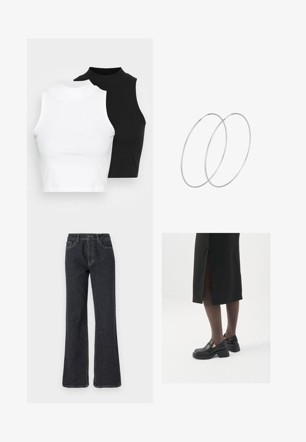 Dvije bezrukavne rebraste majice s visokim ovratnikom u crnoj i bijeloj boji, s prilagođenim dizajnom i glatkom teksturom, te skraćenom dužinom.; Tamni traperice s raširenim nogavicama i visokim strukom, s zlatnim šavovima, pet džepova i kopčanjem na gumbi. Glatka tekstura, ravni kroj nogavica.; Crne kožne cipele s zaobljenim vrhom, debelim blok petama i elastičnim bočnim detaljima, uparene s tamnim čarapama i crnom suknjom s prorezom.; Srebrne okrugle naušnice s minimalističkim dizajnom. Kružni oblik, glatka tekstura i tanak profil. Lagane s poliranim završetkom.