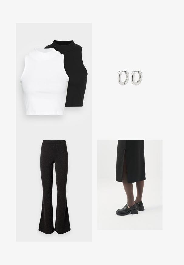 Kaksi hihattomaa ribattua kauluspaitaa mustana ja valkoisena, joissa on istuva muotoilu ja sileä rakenne, sekä lyhyt pituus.; Mustat levenevät housut, jotka on valmistettu kimaltavasta kankaasta. Niissä on leveä vyötärö ja sileä pinta, ja ne levenevät polvesta helmaan saakka.; Mustat nahkakengät pyöreällä kärjellä, paksulla lohkopohjalla ja joustavilla sivuakkesseilla, yhdistettynä tummiin sukkahousuihin ja mustaan hameeseen, jossa on halkio.; Hopehope hopehope ni polido, yenye muundo wa duara na viungio visivyo na seams, vinavyoonyesha uso laini.