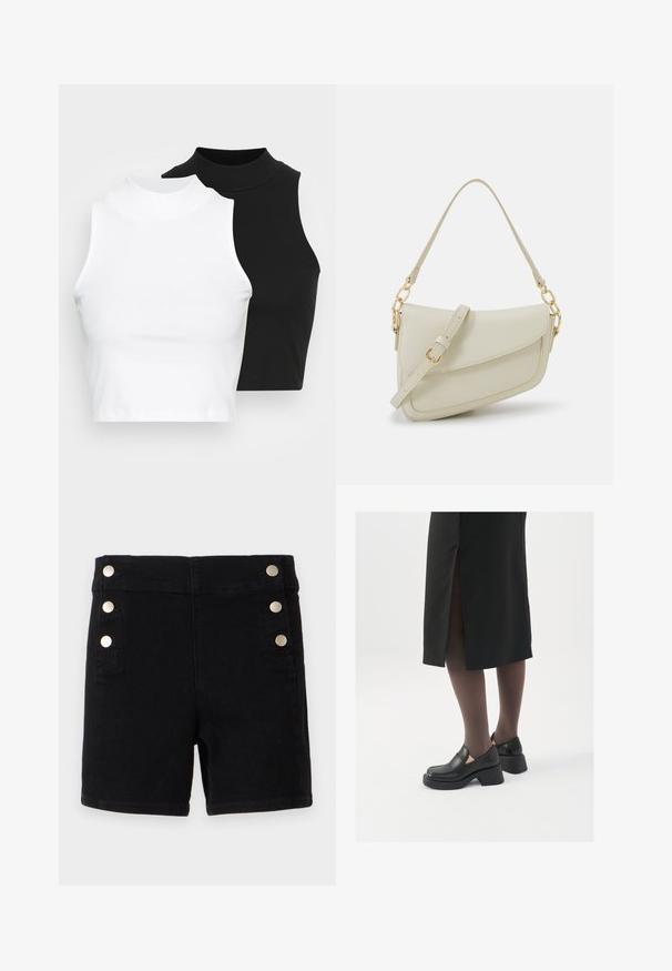 Dvije bezrukavne rebraste majice s visokim ovratnikom u crnoj i bijeloj boji, s prilagođenim dizajnom i glatkom teksturom, te skraćenom dužinom.; Crne traper hlače s visokim strukom, s zlatnim gumbima sa strane, dizajn s pet džepova i ravnim rubom.; Crne kožne cipele s zaobljenim vrhom, debelim blok petama i elastičnim bočnim detaljima, uparene s tamnim čarapama i crnom suknjom s prorezom.; Mala krem torbica s teksturiranim finišom, dugačkim podesivim remenom, lančanim detaljem i preklopom. Zlaćani hardver.