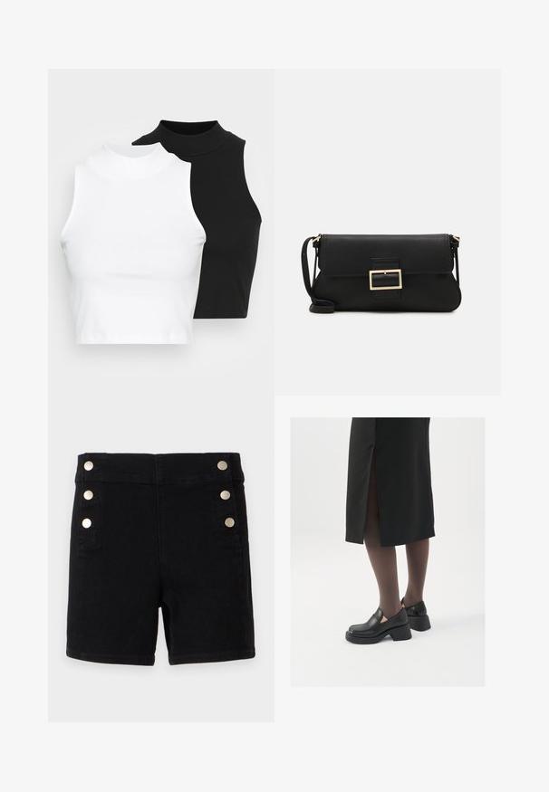 To sleeveless ribbestrikkede turtleneck topper i svart og hvitt, med en tettsittende design og glatt tekstur, med kort lengde.; Sorte denimshorts med høy midje, med gulldetaljerte knapper på siden, fem-lomme design og rett snitt i kanten.; Sorte lærersko med rund tå, tykk blokkheel og elastiske sideaksenter, sammen med mørke strømpebukser og et svart skjørt med splitt.; Svart lær clutch-veske med klaff og detalj i gullmetall. Inkluderer en svart stropp og et strømlinjeformet, minimalistisk design.