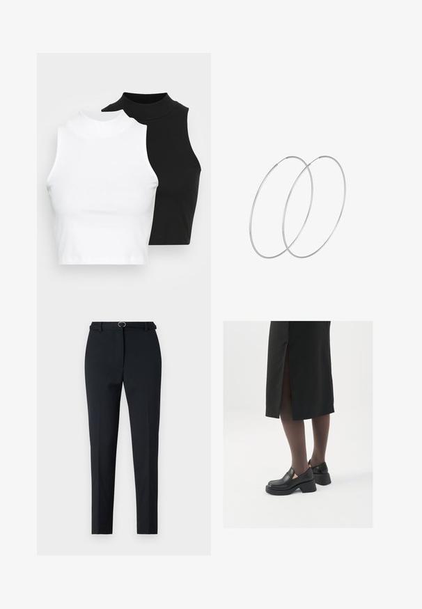 Due top in maglia senza maniche, a collo alto, in nero e bianco, con un design aderente e una superficie liscia, di lunghezza cropped.; Pantaloni neri su misura con una vestibilità slim, caratterizzati da una vita piatta, passanti per la cintura e una piccola fibbia d'argento. Tessuto liscio con una finitura pulita.; Scarpe in pelle nera con punta arrotondata, tacco spesso a blocco e accenti laterali in elastico, abbinate a collant scuri e una gonna nera con uno spacco.; Orecchini a cerchio in argento con un design minimalista. Forma circolare, superficie liscia e profilo sottile. Leggeri con una finitura lucida.