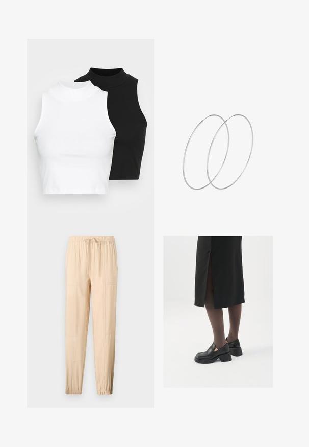 Dvě bezrukávové halenky s ribovým stojáčkem v černé a bílé barvě, které mají přiléhavý střih a hladkou texturu, s krácenou délkou.; Beige, lehké kalhoty s elastickým pasem, nastavitelnou šňůrkou, zúženým střihem a bočními kapsami; hladká textura a minimální švy.; Černé kožené boty s kulatou špičkou, silným blokovým podpatkem a elastickými bočními akcenty, spárované s tmavými punčochami a černou sukní se rozparkem.; Stříbrné kruhové náušnice s minimalistickým designem. Kruh, hladký povrch a tenký profil. Lehká konstrukce s lesklým povrchem.