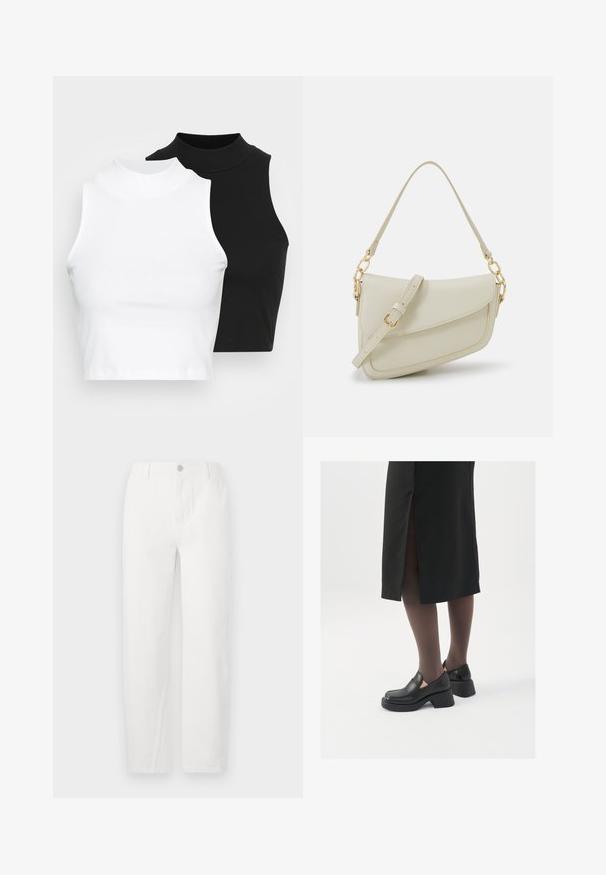 Two sleeveless ribbed turtleneck tops in black and white, featuring a fitted design and smooth texture, with cropped length.; White straight-leg jeans made of denim, featuring a button closure, two front pockets, and clean seams. Simple design with no visible patterns.; Black leather shoes with a rounded toe, thick block heel, and elastic side accents, paired with dark tights and a black skirt with a slit.; Small cream handbag with a textured finish, a long adjustable strap, a chain accent, and a flap closure. Gold hardware detailing.