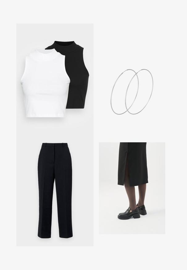 Two sleeveless ribbed turtleneck tops in black and white, featuring a fitted design and smooth texture, with cropped length.; Black trousers with a straight cut, featuring a smooth fabric, crease detail, belt loops, and side pockets. Suitable for formal wear.; Black leather shoes with a rounded toe, thick block heel, and elastic side accents, paired with dark tights and a black skirt with a slit.; Silver hoop earrings with a minimalist design. Circular shape, smooth texture, and thin profile. Lightweight with a polished finish.