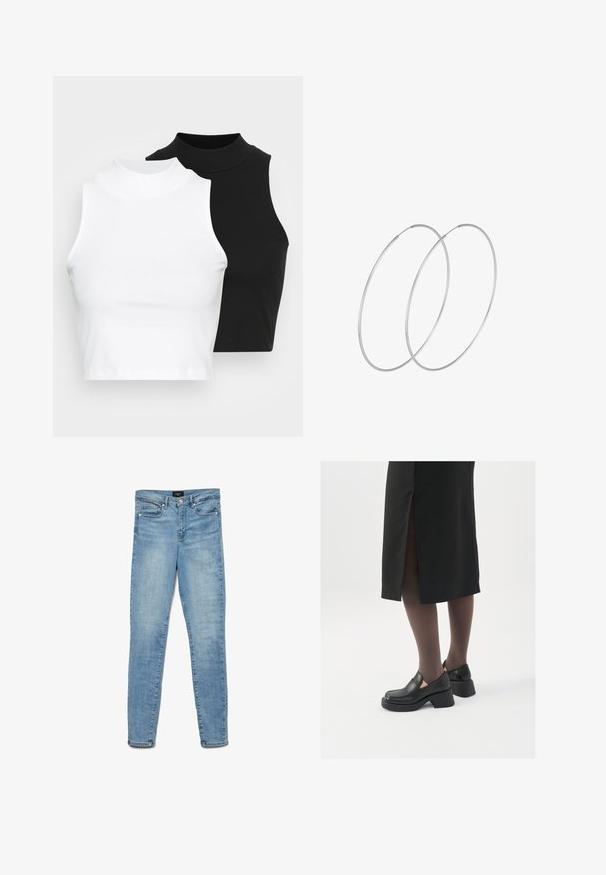 Divi bez piedurknēm riboti turtleneck topi melnā un baltā krāsā, ar pieguļošu dizainu un gludu faktūru, ar īsu garumu.; Gai zils izbalējis skinny džinsu bikses ar priekšējo pogu un piecu kabatu dizainu, izklātas uz baltas fona.; Melni ādas apavi ar noapaļotu purngalu, biezām bloku papēžiem un elastīgiem sānu akcentiem, apvienoti ar tumšām zeķubiksēm un melnu svārku ar šķirbu.; Sudraba gredzenveida auskari ar minimālistisku dizainu. Cirkulāra forma, gluda tekstūra un plāns profils. Vieglu svaru ar spīdīgu apdari.