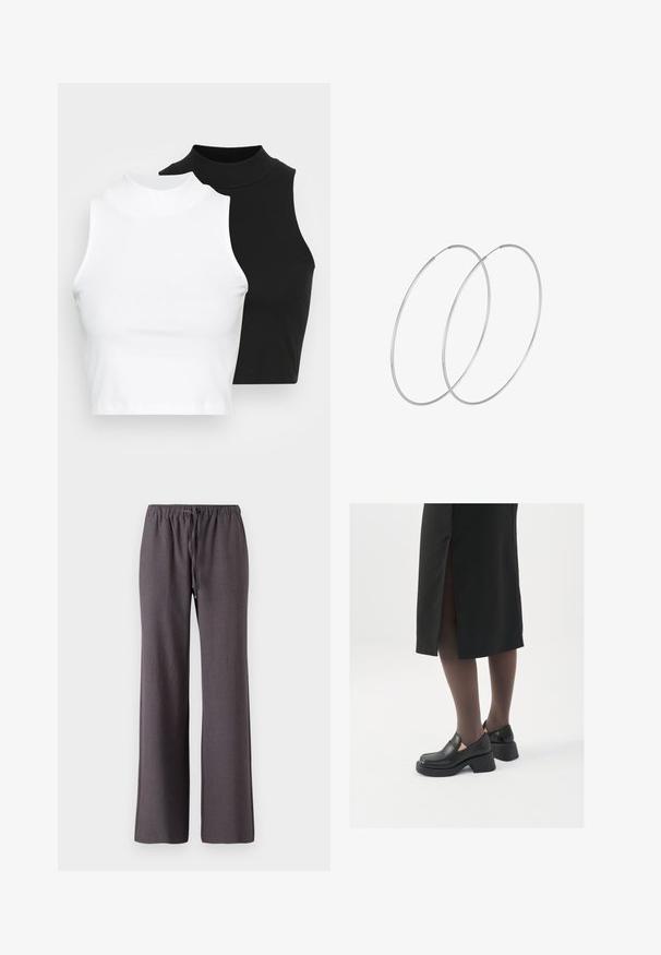 Kaks musta ja valget ilma varrukat ribikrae topi, millel on sobiv disain ja sile tekstuur, ning lühikesed pikkused.; Tumedate hallid sirged püksid elastse vöökoha ja ees oleva nööriga, esitatud valgel taustal.; Mustad mustad jalatsid ümmarguse varbaga, paksu plokkniidi ja elastsete külgdetailidega, kombineeritud tumedate sukkade ja musta lõhikuga seelikuga.; Hõbedased rõngastikkaehingad minimalistlikus disainis. Ümar kuju, sile tekstuur ja õhuke profiil. Kerged ning poleeritud viimistlusega.