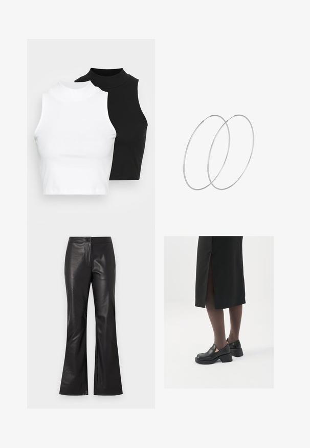 Dva brezrokavniki z rebrasto turtleneck gorami v črni in beli barvi, z oblikovanim dizajnom in gladko teksturo, v skrajšani dolžini.; Črne usnjene hlače s širokimi hlačnicami in gladko teksturo, ki imajo sprednji zadrgo in gumbasto zapiranje. Oblikovanje je prilegajoče čez boke, na robu pa se razširi.; Črne usnjene čevlje s zaobljenim prstom, debelim blokastim petama in elastičnimi stranskimi detajli, v kombinaciji s temno nogavicami in črno krilo z razporkom.; Srebrne uhane v obliki obroča z minimalističnim dizajnom. Krožna oblika, gladka tekstura in tanek profil. Lahki s poliranim zaključkom.