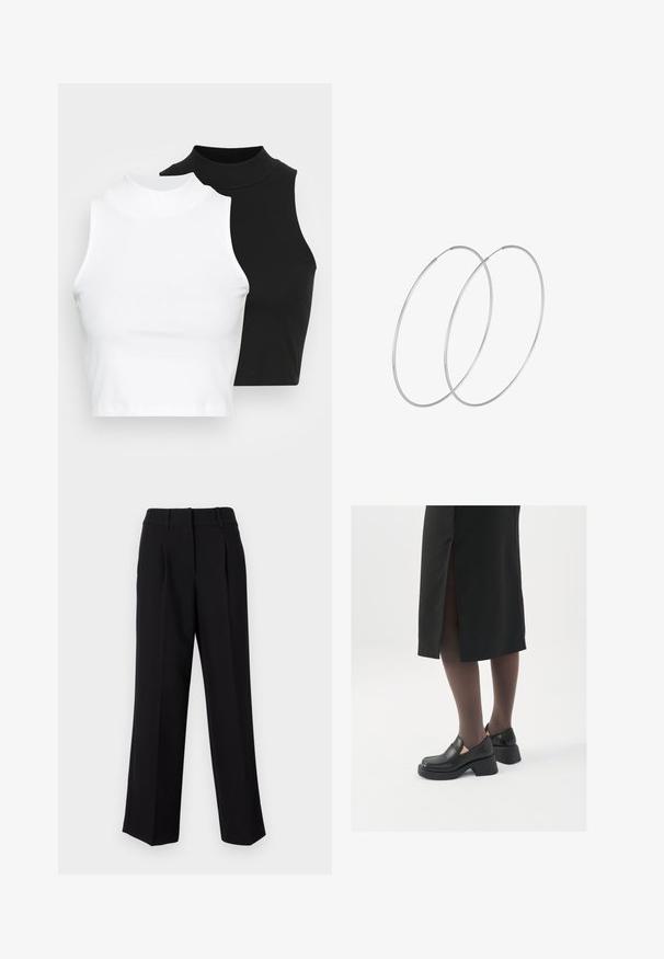Divi bez piedurknēm riboti turtleneck topi melnā un baltā krāsā, ar pieguļošu dizainu un gludu faktūru, ar īsu garumu.; Melni bikses ar taisnu, platajām kājām, kas aprīkotas ar plakanu priekšpusi, jostu cilpiņām un gludu tekstūru. Piemērotas dažādām norisēm.; Melni ādas apavi ar noapaļotu purngalu, biezām bloku papēžiem un elastīgiem sānu akcentiem, apvienoti ar tumšām zeķubiksēm un melnu svārku ar šķirbu.; Sudraba gredzenveida auskari ar minimālistisku dizainu. Cirkulāra forma, gluda tekstūra un plāns profils. Vieglu svaru ar spīdīgu apdari.