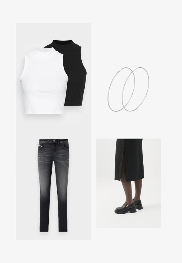 Dvije bezrukavne rebraste majice s visokim ovratnikom u crnoj i bijeloj boji, s prilagođenim dizajnom i glatkom teksturom, te skraćenom dužinom.; Tamno sivi slim-fit traperice izrađene od denima. Imaju izblijedjeli finiš, standardni dizajn s pet džepova i prednje dugmadi za zatvaranje.; Crne kožne cipele s zaobljenim vrhom, debelim blok petama i elastičnim bočnim detaljima, uparene s tamnim čarapama i crnom suknjom s prorezom.; Srebrne okrugle naušnice s minimalističkim dizajnom. Kružni oblik, glatka tekstura i tanak profil. Lagane s poliranim završetkom.