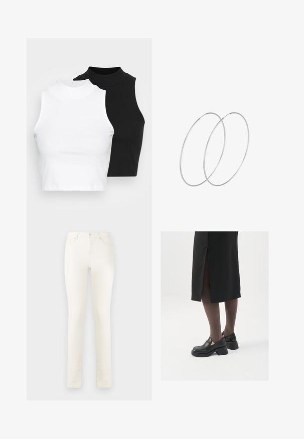 Kaks musta ja valget ilma varrukat ribikrae topi, millel on sobiv disain ja sile tekstuur, ning lühikesed pikkused.; Valged teksad sirge säärega, kõrge vöökoht, ees olevad taskud ja üks nupp. Sile tekstuur, minimaalsed õmblusdetailid.; Mustad mustad jalatsid ümmarguse varbaga, paksu plokkniidi ja elastsete külgdetailidega, kombineeritud tumedate sukkade ja musta lõhikuga seelikuga.; Hõbedased rõngastikkaehingad minimalistlikus disainis. Ümar kuju, sile tekstuur ja õhuke profiil. Kerged ning poleeritud viimistlusega.