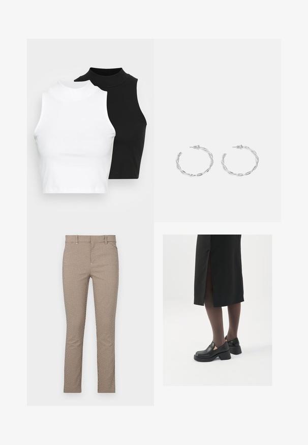 Divi bez piedurknēm riboti turtleneck topi melnā un baltā krāsā, ar pieguļošu dizainu un gludu faktūru, ar īsu garumu.; Pārbaudītas bēšas bikses ar šauru piegriezumu, kurām ir mazs režģa raksts, sānu kabatas un plakana priekšpuse. Gluda auduma tekstūra.; Melni ādas apavi ar noapaļotu purngalu, biezām bloku papēžiem un elastīgiem sānu akcentiem, apvienoti ar tumšām zeķubiksēm un melnu svārku ar šķirbu.; Sudraba gredzenveida auskari ar savītu dizainu, kas ir ar pulētu apdari un ar aizmugurēju fiksāciju. Izmērs ir aptuveni 3 cm diametrā.