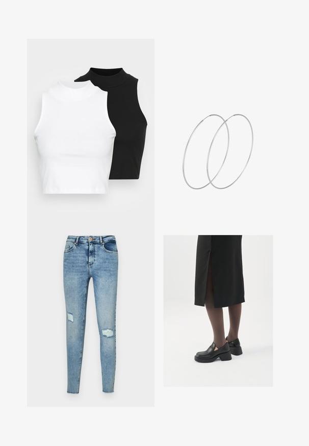 Kaks musta ja valget ilma varrukat ribikrae topi, millel on sobiv disain ja sile tekstuur, ning lühikesed pikkused.; Kitsas sinised denim teksad heledas pesus, kõrge vöökoha ja nähtavate esipocketitega, kulunud kangaga, millel on kaks rebendit põlvedel.; Mustad mustad jalatsid ümmarguse varbaga, paksu plokkniidi ja elastsete külgdetailidega, kombineeritud tumedate sukkade ja musta lõhikuga seelikuga.; Hõbedased rõngastikkaehingad minimalistlikus disainis. Ümar kuju, sile tekstuur ja õhuke profiil. Kerged ning poleeritud viimistlusega.