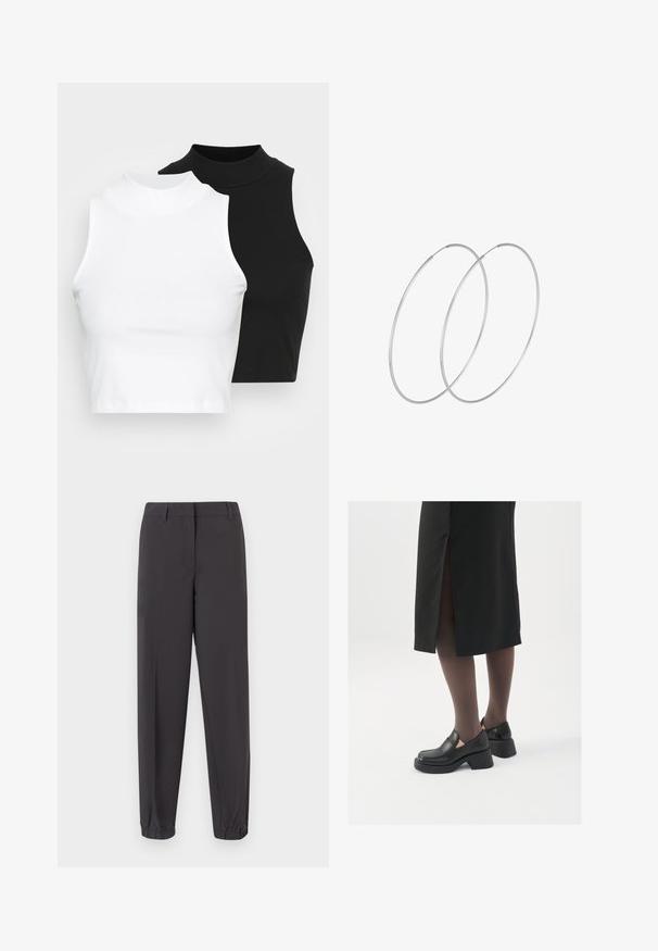 Dwa bezrękawnikowe golfy w kolorze czarnym i białym, charakteryzujące się dopasowanym fasonem i gładką teksturą, o skróconej długości.; Ciemnoszare spodnie wykonane z gładkiego materiału, o zwężanym kroju, elastycznych mankietach oraz przednich kieszeniach o wyrafinowanym wykończeniu.; Czarne skórzane buty z okrągłym noskiem, grubym blokowym obcasem i elastycznymi akcentami po bokach, zestawione z ciemnymi rajstopami i czarną spódnicą z rozcięciem.; Srebrne kolczyki w formie obręczy o minimalistycznym designie. Okrągły kształt, gładka faktura i cienki profil. Lekkie, z polerowanym wykończeniem.