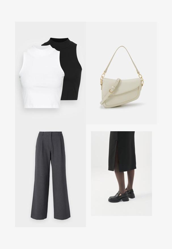Dve bezrukávové rebrované roláky v čiernej a bielej farbe, pričom majú priliehavý strih a hladkú textúru, s krátkou dĺžkou.; Sivé široké nohavice s textúrovanou tkaninou, s prednými záhybmi, prispôsobeným pásom a čistým zakončením pri členkoch.; Čierne kožené topánky s okrúhlou špičkou, silným blokovým opätkom a elastickými bočnými akcentmi, skombinované s tmavými pančuchami a čiernou sukňou so štiepením.; Malá krémová kabelka s textúrovaným povrchom, dlhým nastaviteľným popruhom, reťazovým detailom a klopovým uzáverom. Zlaté kovové prvky.