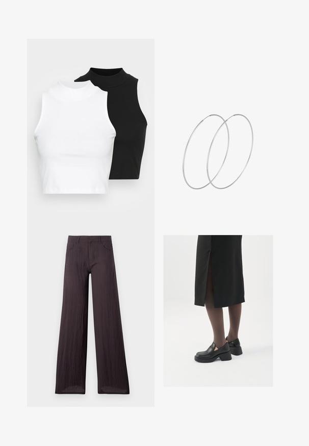 Deux hauts sans manches en maille côtelée, en noir et blanc, dotés d'un design ajusté et d'une texture lisse, avec une longueur courte.; Pantalons larges gris foncé en tissu léger et texturé avec une finition lisse, dotés de poches frontales et d'une taille classique.; Chaussures noires en cuir avec un bout arrondi, un épais talon bloc et des accents latéraux élastiques, associées à des bas foncés et une jupe noire avec une fente.; Boucles d'oreilles en argent au design minimaliste. Forme circulaire, texture lisse et profil fin. Légères avec une finition polie.