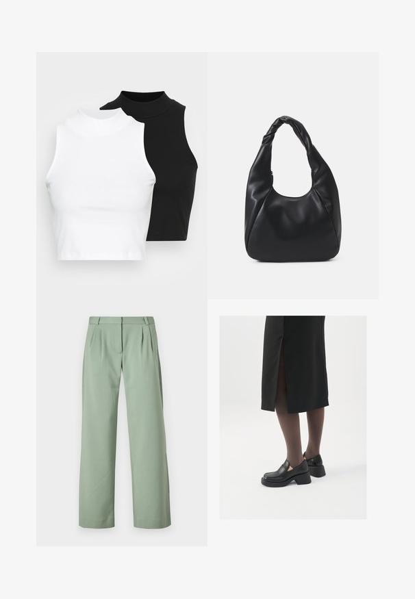 Two sleeveless ribbed turtleneck tops in black and white, featuring a fitted design and smooth texture, with cropped length.; Green tailored trousers made of smooth fabric. Features a straight leg design, pleats at the front, and side pockets.; Black leather shoes with a rounded toe, thick block heel, and elastic side accents, paired with dark tights and a black skirt with a slit.; Black hobo bag made of smooth leather-like material with a twisted handle, featuring a soft, rounded shape and a top zipper closure.