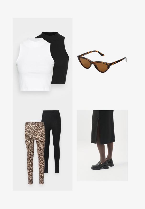 Dvije bezrukavne rebraste majice s visokim ovratnikom u crnoj i bijeloj boji, s prilagođenim dizajnom i glatkom teksturom, te skraćenom dužinom.; Dva para tajica: jedan s bež pozadinom i crnim leopard uzorkom, a drugi potpuno crni. Obe imaju prilagođen dizajn i elastičnu struk.; Crne kožne cipele s zaobljenim vrhom, debelim blok petama i elastičnim bočnim detaljima, uparene s tamnim čarapama i crnom suknjom s prorezom.; Sunglasses u obliku mačjih očiju s okvirom u crno-narančastom kornjačevom uzorku, smešnim lećama i elegatnim, šiljastim vrhovima. Sadrži minimalni logo na dršci.