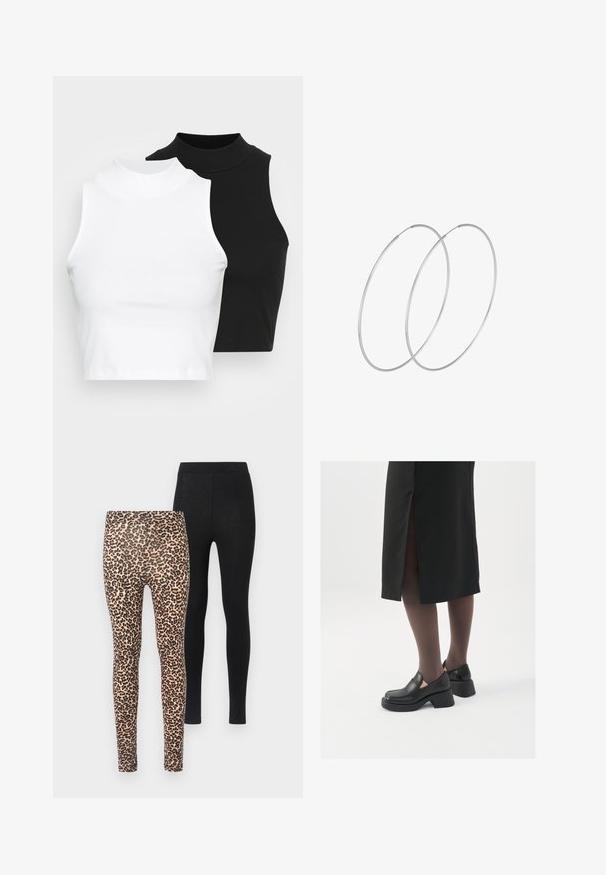 Två ärmlösa ribbade polotröjor i svart och vitt, med en figursydd design och slät textur, i en kortad längd.; Två par leggings: en med beige bakgrund och svart leopardmönster, den andra helt svart. Båda har en figurnära design och elastisk midja.; Svarta läderskor med rund tå, tjock klack utan häl och elastiska sidodetaljer, kombinerat med mörka strumpbyxor och en svart kjol med slits.; Silverfärgade hoopörhängen med en minimalistisk design. Cirkulär form, slät yta och tunn profil. Lätta med en polerad finish.