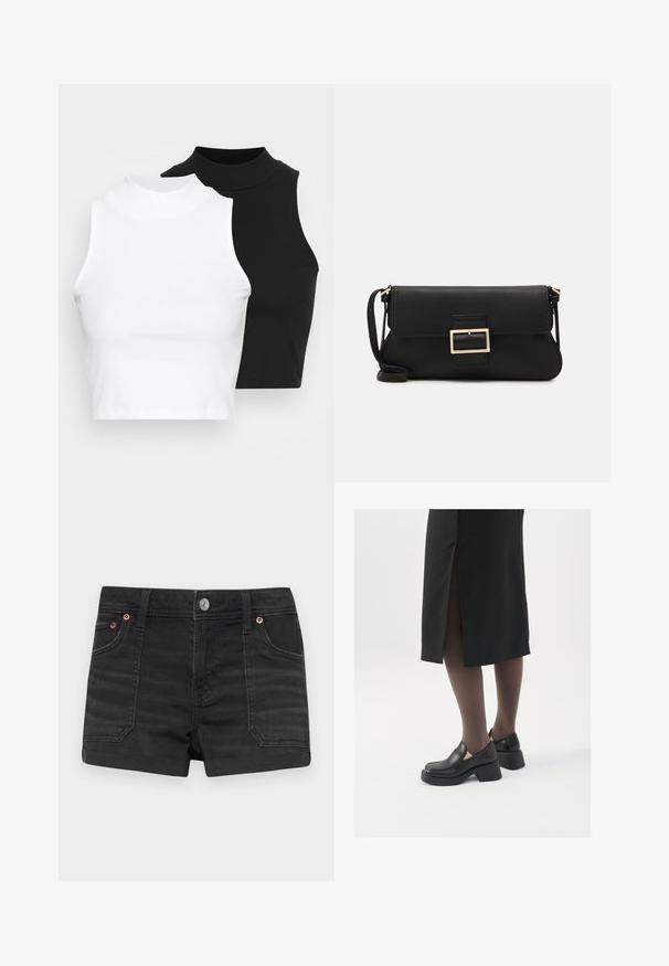 Kaksi hihattomaa ribattua kauluspaitaa mustana ja valkoisena, joissa on istuva muotoilu ja sileä rakenne, sekä lyhyt pituus.; American Eagle EASY SHORTIE - Farkkushortsit - black; Mustat nahkakengät pyöreällä kärjellä, paksulla lohkopohjalla ja joustavilla sivuakkesseilla, yhdistettynä tummiin sukkahousuihin ja mustaan hameeseen, jossa on halkio.; Musta nahkainen kynäpenkkilaukku, jossa on läppä ja kultainen metallinen solkiyksityiskohta. Mukana musta hihna ja tyylikäs, minimalistinen muotoilu.