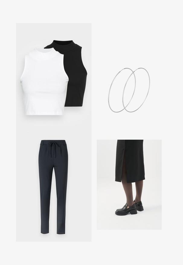Dve bezrukávové rebrované roláky v čiernej a bielej farbe, pričom majú priliehavý strih a hladkú textúru, s krátkou dĺžkou.; Tmavomodré slim-fit nohavice s elastickým pásom, vyrobené z mäkkej, pružnej látky, s plochým predným dielom a tapered strihom.; Čierne kožené topánky s okrúhlou špičkou, silným blokovým opätkom a elastickými bočnými akcentmi, skombinované s tmavými pančuchami a čiernou sukňou so štiepením.; Strieborné kruhové náušnice s minimalistickým dizajnom. Cirkulárny tvar, hladký povrch a tenký profil. Ľahké s lesklým povrchom.