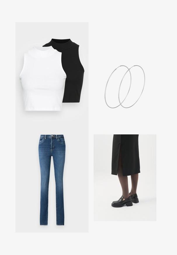 Divi bez piedurknēm riboti turtleneck topi melnā un baltā krāsā, ar pieguļošu dizainu un gludu faktūru, ar īsu garumu.; Zilie džinsi ar taisnas kājas griezumu, piecām kabatām, podziņu un rāvējslēdzēja aizdari, kā arī izbalinātu krāsu ar smalkiem nodiluma efektiem.; Melni ādas apavi ar noapaļotu purngalu, biezām bloku papēžiem un elastīgiem sānu akcentiem, apvienoti ar tumšām zeķubiksēm un melnu svārku ar šķirbu.; Sudraba gredzenveida auskari ar minimālistisku dizainu. Cirkulāra forma, gluda tekstūra un plāns profils. Vieglu svaru ar spīdīgu apdari.