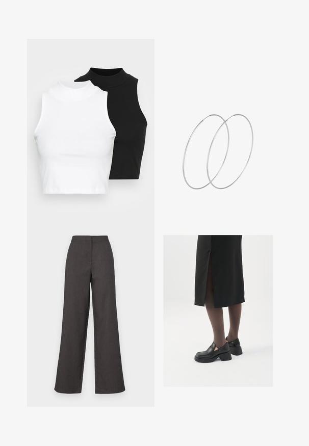 Dvije bezrukavne rebraste majice s visokim ovratnikom u crnoj i bijeloj boji, s prilagođenim dizajnom i glatkom teksturom, te skraćenom dužinom.; Hlače širokih nogavica u tamnosivom materijalu, s visokim strukom i glatkom završnom obradom. Čiste linije bez vidljivih uzoraka ili ukrasa.; Crne kožne cipele s zaobljenim vrhom, debelim blok petama i elastičnim bočnim detaljima, uparene s tamnim čarapama i crnom suknjom s prorezom.; Srebrne okrugle naušnice s minimalističkim dizajnom. Kružni oblik, glatka tekstura i tanak profil. Lagane s poliranim završetkom.