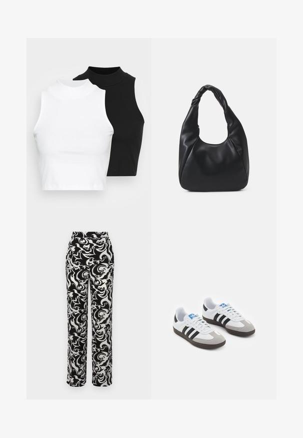 Divi bez piedurknēm riboti turtleneck topi melnā un baltā krāsā, ar pieguļošu dizainu un gludu faktūru, ar īsu garumu.; Melnas un baltas rakstainas bikses ar augstu jostasvietu, kurām ir vijīga abstrakta dizaina raksts un taisna kāju piegriezums. Gluda auduma tekstūra.; Sporta apavi ar balto ādas virsu, pelēku zamšādas purngalu un trim melnām svītrām. Iezīmē zilu logotipu uz mēles un teksturētu gumijas zoli.; Melnā hobo soma, kas izgatavota no gludas ādas līdzīga materiāla, ar savītu rokturi, ar mīkstu, noapaļotu formu un augšējo rāvējslēdzēju.