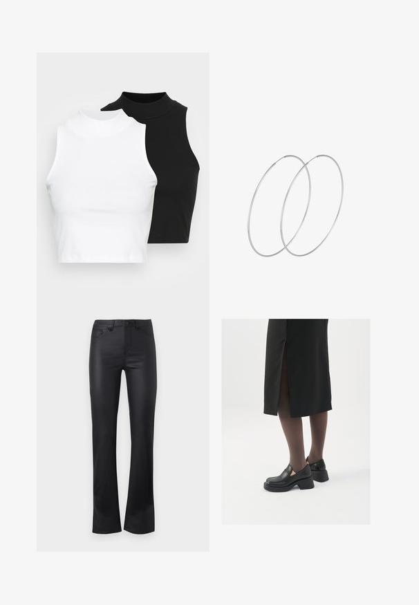 Two sleeveless ribbed turtleneck tops in black and white, featuring a fitted design and smooth texture, with cropped length.; Black flared jeans made of smooth fabric, featuring a front button closure, five pockets, and subtle stitching details.; Black leather shoes with a rounded toe, thick block heel, and elastic side accents, paired with dark tights and a black skirt with a slit.; Silver hoop earrings with a minimalist design. Circular shape, smooth texture, and thin profile. Lightweight with a polished finish.