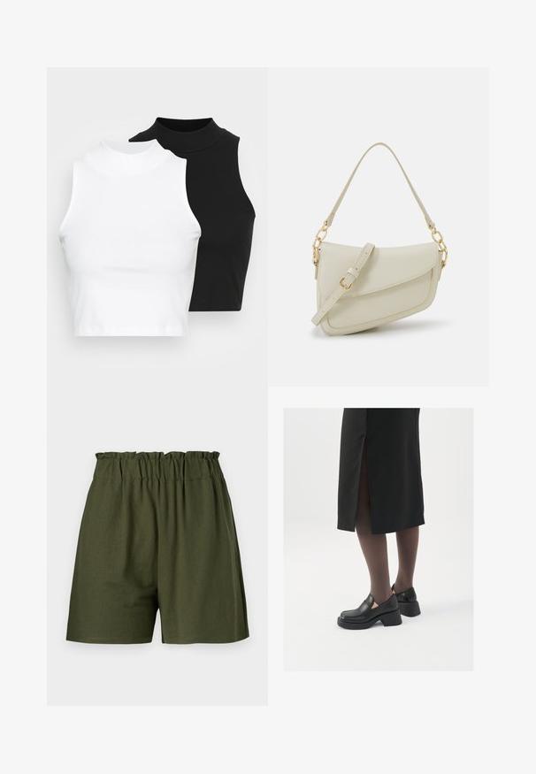 Deux hauts sans manches en maille côtelée, en noir et blanc, dotés d'un design ajusté et d'une texture lisse, avec une longueur courte.; Shorts vert foncé à taille élastique, avec une coupe décontractée et sans poches. Fabriqués en tissu doux et léger.; Chaussures noires en cuir avec un bout arrondi, un épais talon bloc et des accents latéraux élastiques, associées à des bas foncés et une jupe noire avec une fente.; Petit sac à main crème avec une finition texturée, une longue sangle réglable, un accent en chaîne et une fermeture à rabat. Détails en matériel doré.