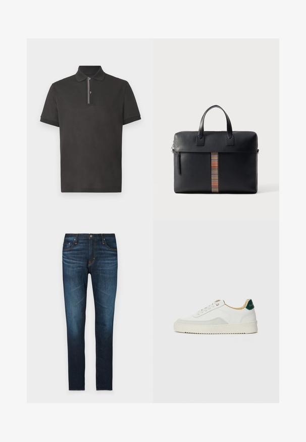 Pólo preto feito de algodão, apresentando uma pala de dois botões com um detalhe listrado colorido, mangas curtas e um ajuste padrão.; Jeans de denim azul escuro com corte reto, apresentando cinco bolsos, detalhes em costura laranja e uma textura suave.; Tênis brancos com detalhes em camurça, bico arredondado, atacadores planos e sola de borracha creme. Apresenta uma marcação verde no calcanhar.; Paul Smith BAG FOLIO UNISEX - Pasta - black