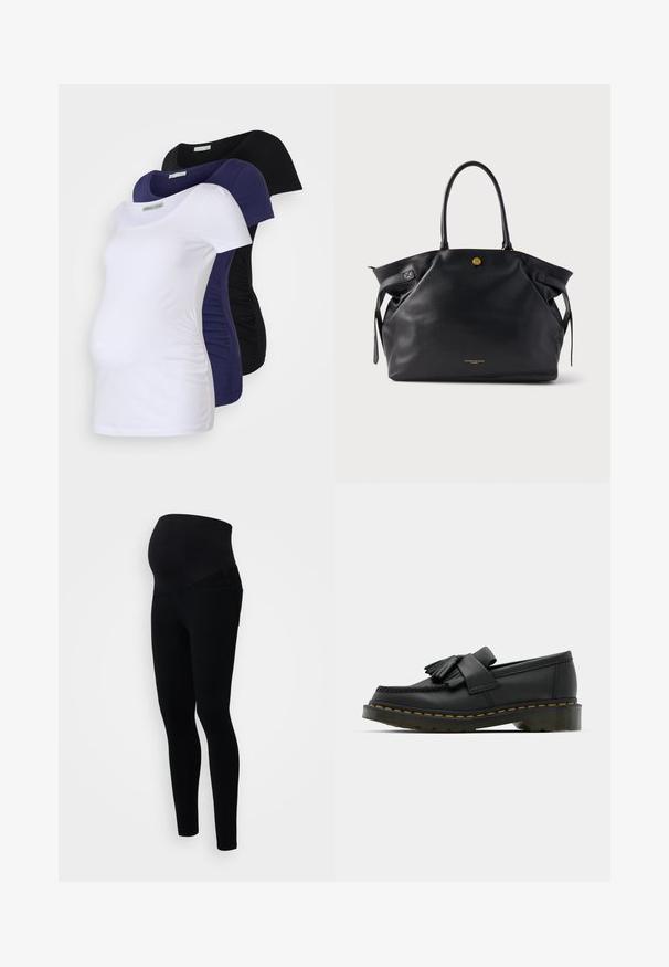 Zwangerschaps T-shirts in drie kleuren: wit, marineblauw en zwart. Zachte katoen, ontwerp met korte mouwen en geplooide zijkanten voor comfort en pasvorm.; Zwarte zwangerschapsleggings met een hoge tailleband voor ondersteuning, een aansluitend ontwerp en zachte, rekbare stof voor comfort.; Zwarte leren loafers met een ronde neus, voorzien van een franjesdetail en een decoratieve band aan de voorkant, geplaatst op een chunky hak.; Zwarte leren totebag met een gestructureerd oppervlak, gouden beslag en twee afgeronde handvatten. Voorzien van een veilige sluiting en minimale branding.