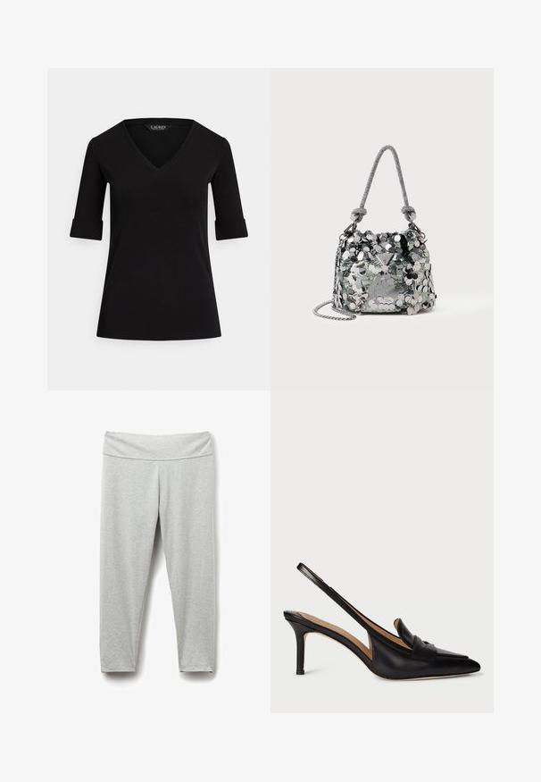 Czarna koszulka z dekoltem w serek, z rękawami o długości trzy czwarte, wywiniętymi mankietami i gładką teksturą materiału. Metka z napisem "LAUREN".; Jasnoszare legginsy wykonane z miękkiego, elastycznego materiału z szerokim pasem, charakteryzujące się gładką fakturą i brakiem widocznych wzorów lub elementów metalowych.; Czarne skórzane czółenka na obcasie typu slingback z wąskim noskiem, niskim obcasem i ozdobnym paskiem na podbiciu. Gładka tekstura i minimalistyczny design.; Mała srebrna torebka pokryta dużymi cekinami z węzłowym uchwytem i łańcuszkowym paskiem, z logo marki Guess z przodu.; Złote metalowe kolczyki w kształcie obręczy o zakrzywionym, wydłużonym kształcie. Posiadają gładką, błyszczącą powierzchnię oraz zaokrąglony koniec dla dodatkowego efektu.