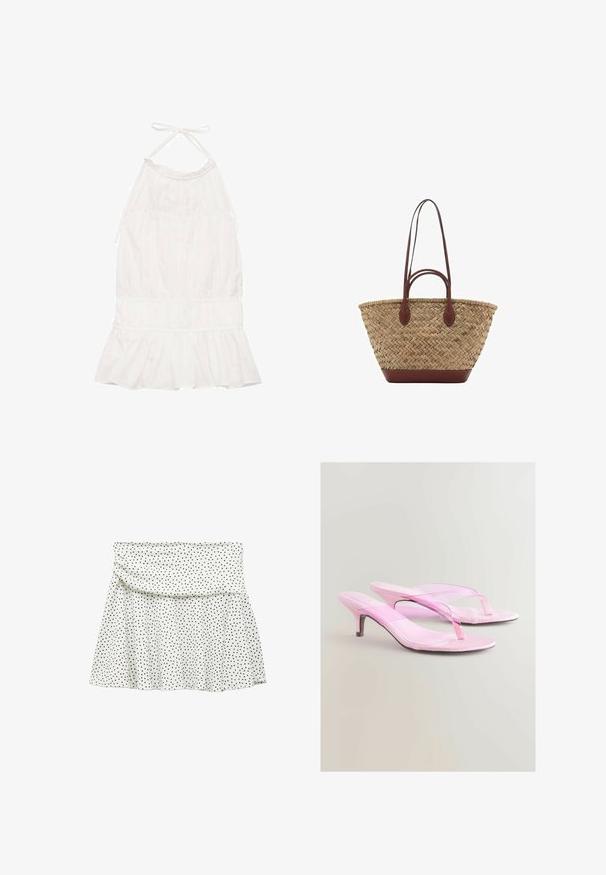Robe blanche à col halter avec un corsage froncé, un ourlet à volants et une texture de tissu douce. Liens ajustables au niveau du cou.; Jupe blanche à pois noirs, avec une taille froncée et un ourlet évasé. Fabriquée en tissu doux, elle a une texture lisse.; Sandales à talons roses avec une finition brillante, dotées d'un design à lanière et d'un talon métallique fin. Texture lisse et style minimaliste.; Sac fourre-tout en paille tissée avec une texture tressée, anses et base en cuir marron foncé, forme circulaire large et design ouvert en haut.