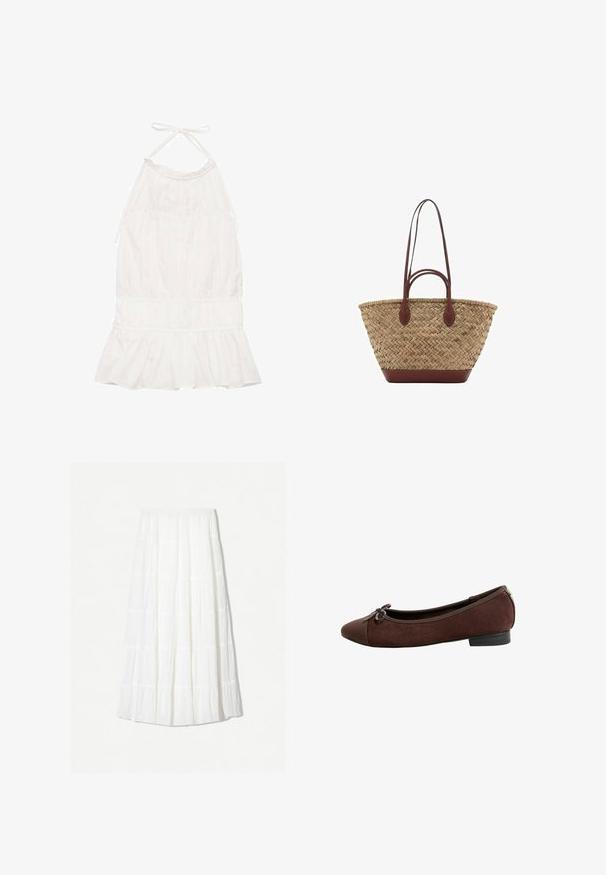 Bijela halter-kupa haljina s naboranim korzetom, volanastim rubom i mekim teksturom tkanine. Podesive vezice na dekolteu.; Bijela maxi suknja od lagane tkanine s višeslojnim dizajnom i horizontalnim šavovima. Elastična pojasnica s lepršavim siluetom.; Smeđi antilop baletni oblik s okruglim vrhom i ukrasnom mašnom sprijeda, s niskom petom i jednostavnim dizajnom.; Tkana torba od trske s pletenom teksturom, tamnosmeđi kožni drška i dno, široki kružni oblik i otvoreni gornji dizajn.
