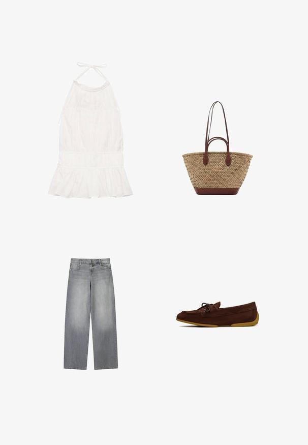Hvid, halterneckkjole med en samlet bodice, flæsekanter og blød tekstur. Justerbare snore ved halsudskæringen.; Bredde-grå denim jeans med en let falmet finish, der har fem lommer, lukning med knap foran og bæltestropper.; Brune ruskinds loafers med rund tå, snøre detaljer og en fleksibel gul gummisål. Enkel, uudsmykket design.; Vævet strå tote taske med flettet tekstur, mørkebrune læderhåndtag og bund, bred cirkulær form og åben topdesign.