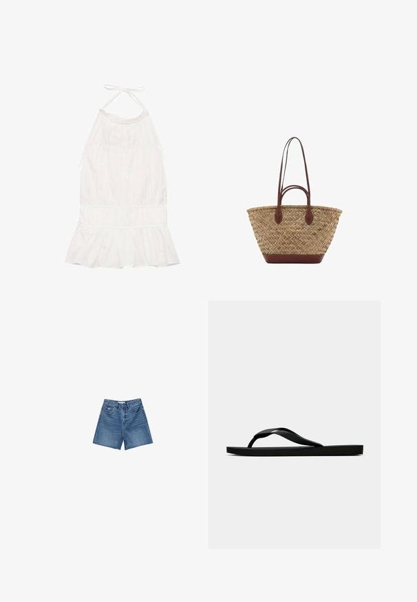 Bijela halter-kupa haljina s naboranim korzetom, volanastim rubom i mekim teksturom tkanine. Podesive vezice na dekolteu.; Traper šortsevi u srednje plavom pranju, s klasičnim dizajnom s pet džepova, petljama za remen i zatvaranjem na patentni zatvarač s gumbom.; Crne gumene japanke s teksturiranim remenom i jednostavnom ravnom potplatom, prikazane s strane na jednostavnoj svijetloj pozadini.; Tkana torba od trske s pletenom teksturom, tamnosmeđi kožni drška i dno, široki kružni oblik i otvoreni gornji dizajn.