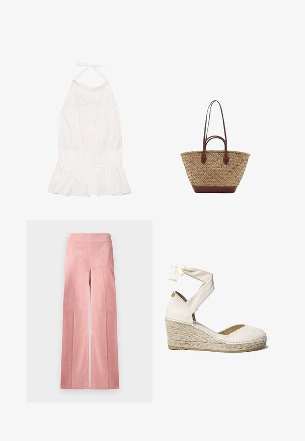 White, halter-neck dress featuring a gathered bodice, ruffled hem, and soft fabric texture. Adjustable ties at the neckline.; Pale pink, wide-leg corduroy trousers with vertical ribbing and a fitted waistband. Smooth texture with a relaxed silhouette.; White canvas wedge shoe with ankle tie, jute-wrapped heel, round toe, and a textured fabric upper. Wedge measures approximately 7 cm.; Woven straw tote bag with braided texture, dark brown leather handles and base, wide circular shape, and open top design.
