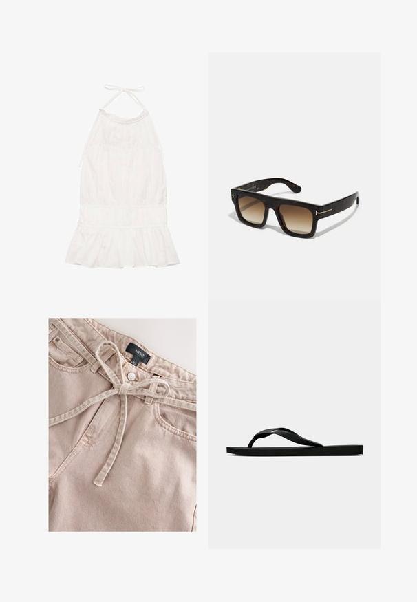 Witte halter-jurk met een geplooide taille, geschulpte zoom en zachte stoftextuur. Verstelbare strikken bij de halslijn.; Lichtroze denim broek met een strikceintuur, voorzien van een knoop aan de voorkant, riemlussen en twee zakken aan de voorkant, met een gestructureerde stof.; Zwarte rubberen flip-flop sandaal met een getextureerde strap en een eenvoudige platte zool, zijaanzicht op een effen lichte achtergrond.; Schildpad zonnebril met een vierkant frame, een verloop van bruine lenzen en subtiele gouden hardwareaccenten op de slapen.