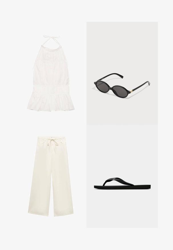 Abito bianco con scollatura all'americana, caratterizzato da un corpetto arricciato, orlo con volant e una morbida texture del tessuto. Laccetti regolabili sul collo.; Pantaloni a gamba larga color crema realizzati in tessuto leggero, con vita regolabile e tasche frontali. Texture liscia, design semplice.; Infradito in gomma nera con cinturino testurizzato e suola piatta semplice, mostrati di lato su uno sfondo chiaro e uniforme.; Occhiali da sole ovali neri con lenti scure, montatura in plastica lucida e decorazioni in oro sulle tempie.