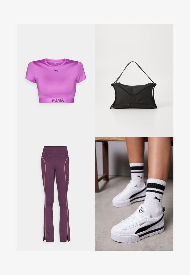 Violets krāsas sporta tops ar īsām piedurknēm, izgatavots no gludas auduma, ar apaļu kakla izgriezumu, melnu Puma logo uz krūšu daļas un ar zīmola jostu.; Izplestās sporta bikses dziļi purpura krāsā ar kontrastējošiem gaiši oranžiem sānu paneļiem un potīšu šķēlumiem, kas izstrādātas ērtībai un mobilitātei.; Baltie platformas tenisa apavi ar melniem akcentiem, teksturēts augšdaļa, apaļa purngala forma un plakana zole. Apvienoti ar baltām zeķēm ar melnām svītrām.; Melnā rokassoma ar mīkstu, teksturētu materiālu. Izceļas ar viļņotu dizainu, vienu plecu siksnu un smalku logo detaļu priekšpusē.