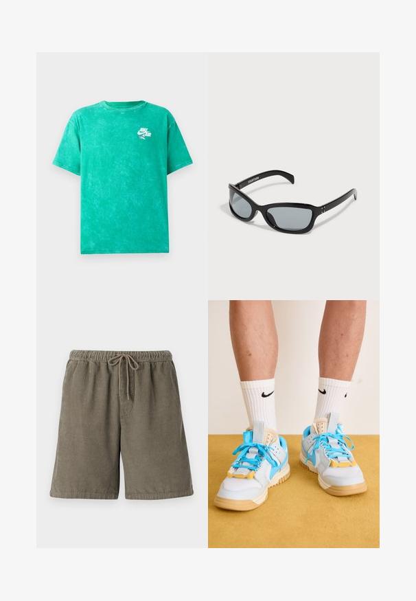 Grünes Batik-T-Shirt aus Baumwolle. Hat einen Rundhalsausschnitt, kurze Ärmel und ein kleines weißes Nike Air-Logo im Bereich der linken Brust.; Baumwollcordshorts in Olivgrün mit strukturierten vertikalen Streifen, elastischem Bund und verstellbarem Kordelzug für optimalen Tragekomfort.; Helleblaue Sneakers mit hellbraunen Sohlen, die auffällige türkisfarbene Schnürsenkel und gelbe Akzente zeigen. Strukturiertes Material und sichtbare Luftpolster.; Schwarze Sonnenbrille mit einem eleganten, kantigen Design. Verfügt über graue Gläser und glänzende Kunststoffrahmen. Enthält kleine Metallakzente und Branding am Bügel.