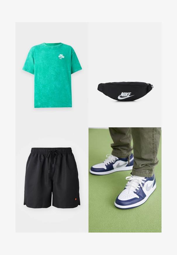 Zelena tie-dye majica od pamuka. Ima okrugli izrez, kratke rukave i mali bijeli Nike Air logo na lijevoj strani prsnog područja.; Crne kratke hlače od laganog materijala, s elastičnom trakom u struku, vezicom i malim logotipom u narančastoj i crvenoj boji na donjoj lijevoj strani.; Plave i bijele kožne tenisice s perforiranim prstom, bijelim vezicama i srebrnim detaljima, u kombinaciji s maslinasto-zelenim hlačama na zelenoj podlozi.; Crni najlon fanny pack sa zatvaranjem na zip, s velikim bijelim Nike logotipom. Glatka tekstura i ergonomski dizajn za udobno nošenje.