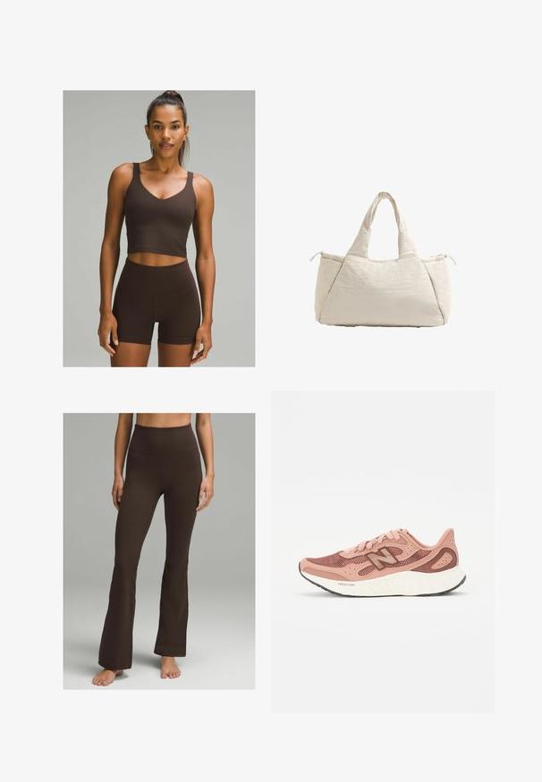 lululemon - Top; lululemon - Spodnie materiałowe; Różowe buty biegowe z siateczkową cholewką, charakteryzujące się teksturowanym wzorem i brązowymi akcentami. Lekka podeszwa z wyraźnym amortyzacją.; Beżowa torba tote z pikowaniem, z podwójnymi uchwytami, miękką fakturą i zamknięciem na zamek błyskawiczny z jednej strony. Prosty, zaokrąglony kształt i minimalne detale projektu.