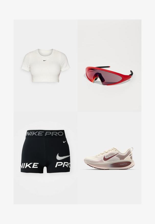 Krótka biała koszulka z żebrowanej tkaniny, z krótkim rękawem i okrągłym dekoltem; z małym czarnym logo Nike na piersi.; Czarne sportowe szorty Nike Pro z białymi logo i napisem Nike na pasku oraz z przodu.; Nike Performance VOMERO 18 taupe; Czerwone sportowe okulary przeciwsłoneczne z zakrzywionym kształtem, ciemnymi gradientowymi szkłami oraz czarnymi akcentami na zausznikach. Lekka i aerodynamiczna forma.