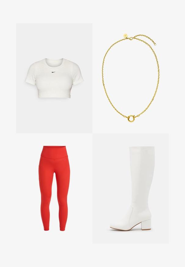 Cropped white T-shirt made of ribbed fabric with short sleeves and a round neck; features a small black Nike logo on the chest.; Red high-waisted leggings with a smooth texture, featuring a side pocket and a small logo above the waistband. Form-fitting design.; White knee-high boots with a smooth, shiny finish. Square block heel and subtle stitching detail along the side.; Gold chain necklace with a round clasp detail, featuring interlocking links, a shiny finish, and adjustable length.